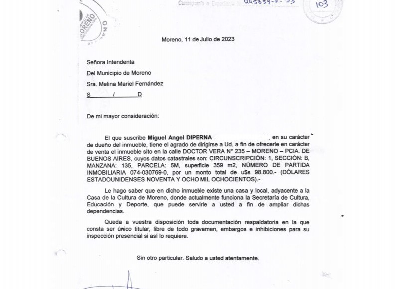 Escrito a la intendente Mariel Fernández.