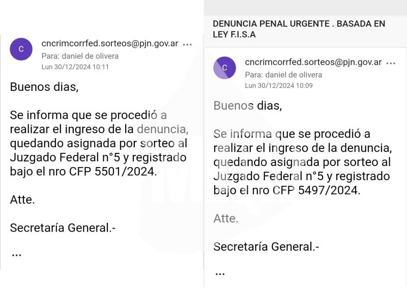 Correos sobre presentación de denuncias en la Justicia Federal. (Foto: Moreno es lo que hay)