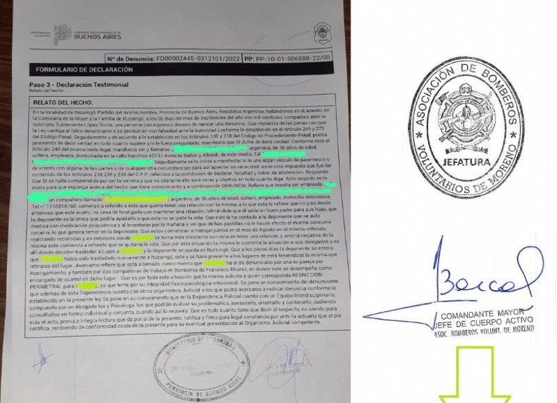 En el documento, se difunde la denuncia que se le realizó a un personal por el hostigamiento “que ella tenía de parte del que era también Oficial de Bomberos del Cuerpo Activo de Moreno”.