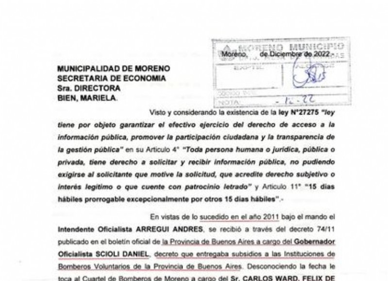 El documento emitido, contando la situación de los bomberos.
