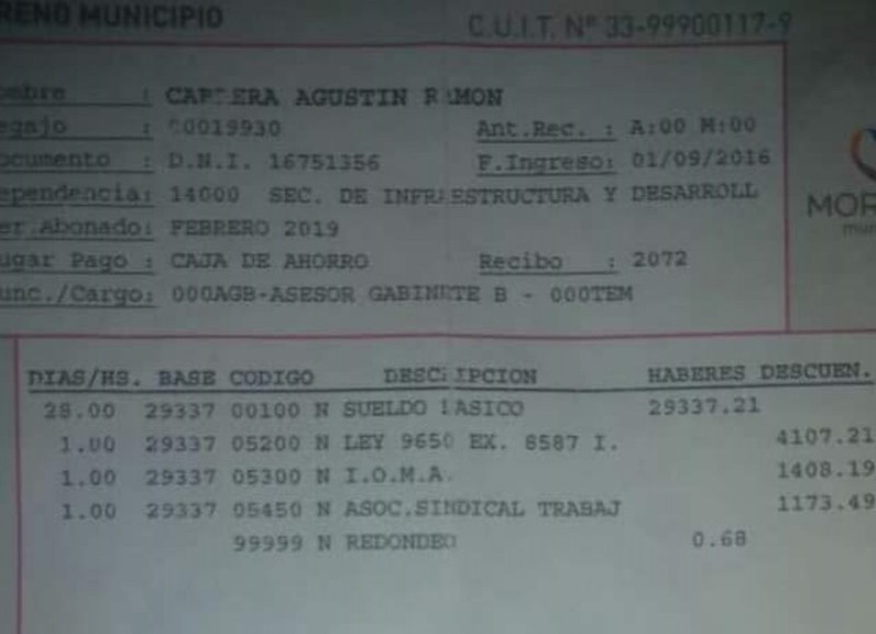 Acercamiento a la factura municipal del sindicalista K.